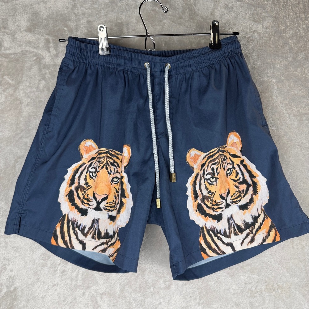 Kenny Flowers Mens Tiger Graphic Swim Trunks Navy Blue Medium Stretch Shorts